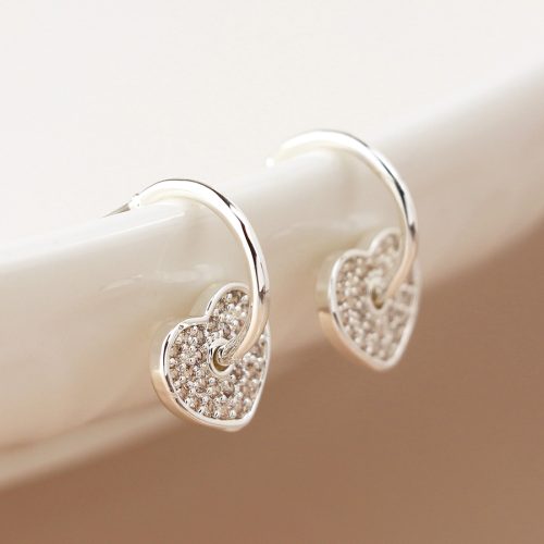 POM Silver Crystal Heart Hoop Earrings