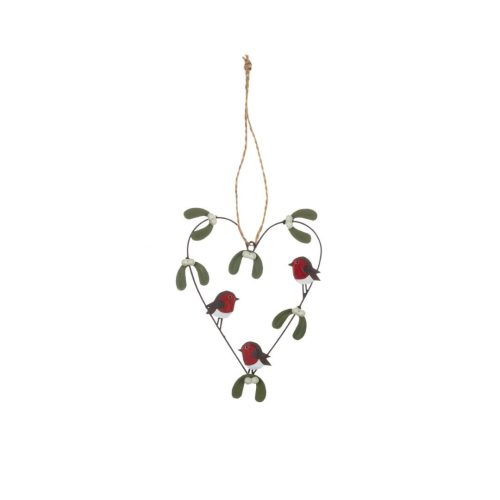 Christmas Robin and Mistletoe Hanging Heart Decoration