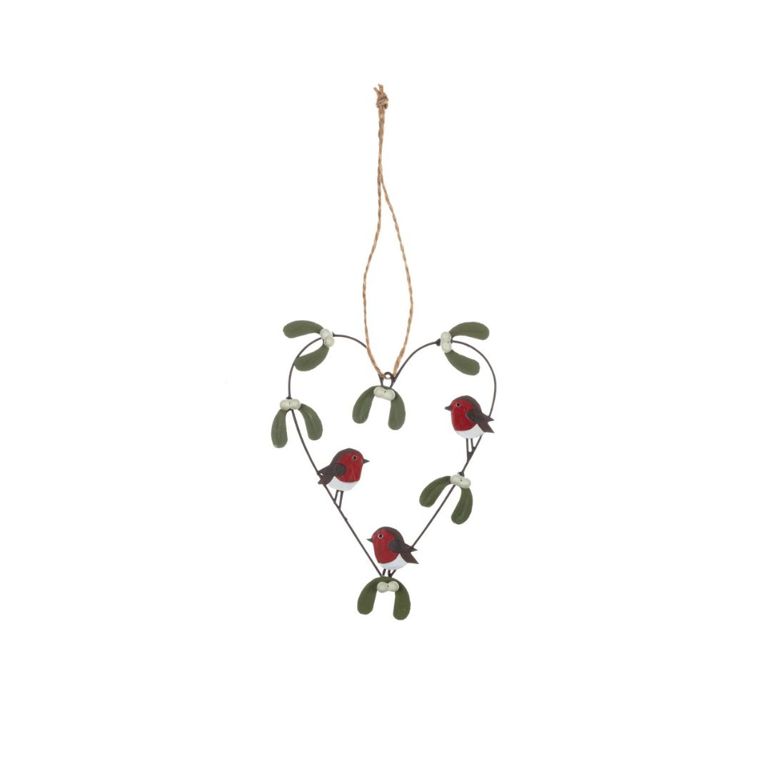 Christmas Robin and Mistletoe Hanging Heart Decoration