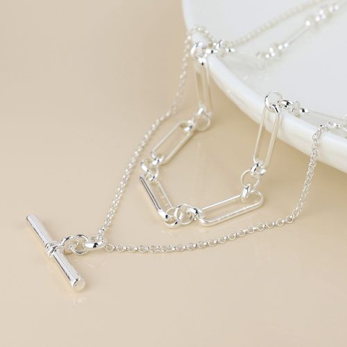 POM Double Layer Chain and T Bar Necklace Silver Plated