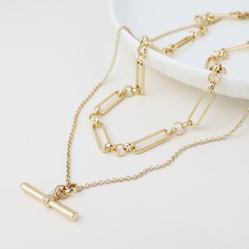 POM Double Layer Chain and T Bar Necklace Gold Plated