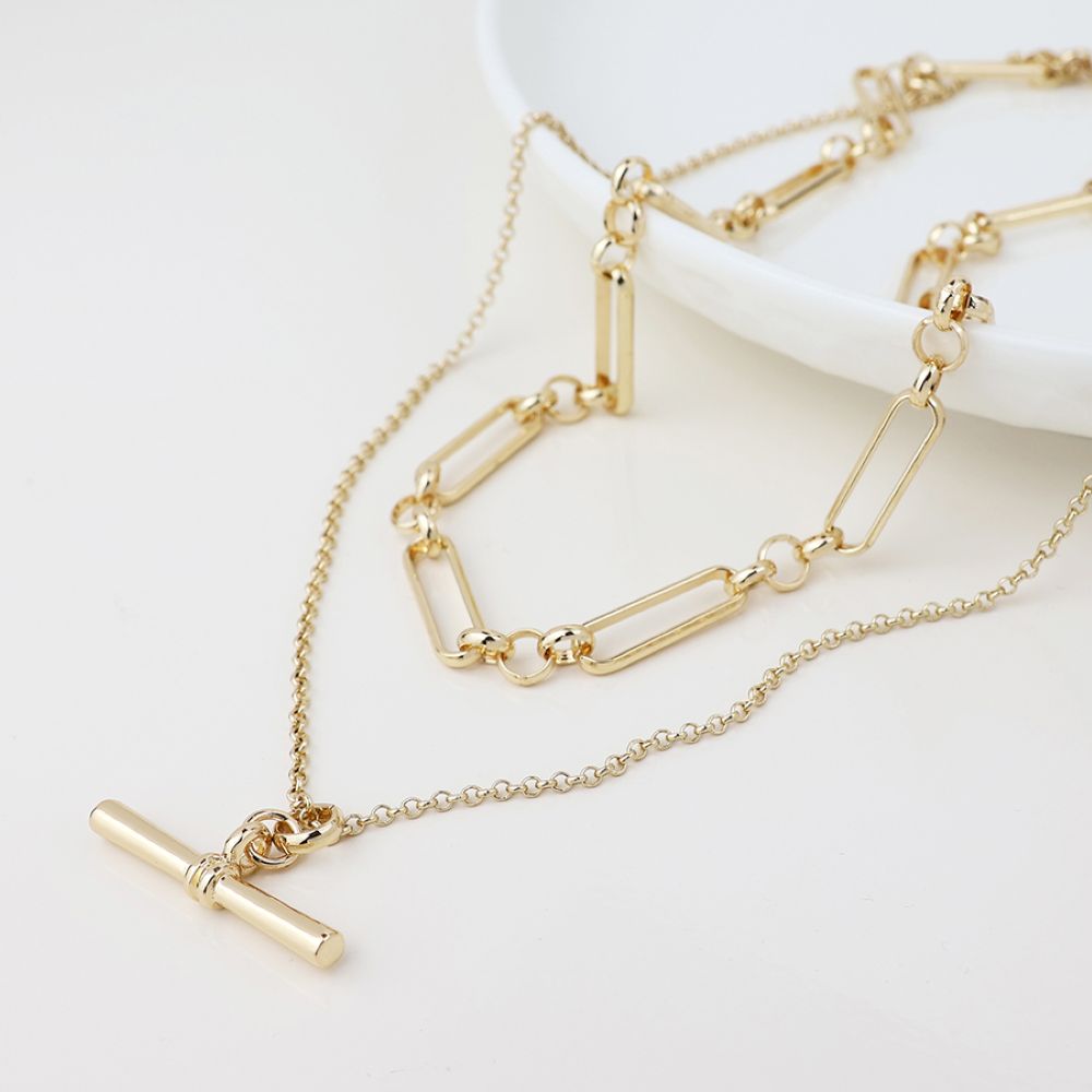 POM Double Layer Chain and T Bar Necklace Gold Plated